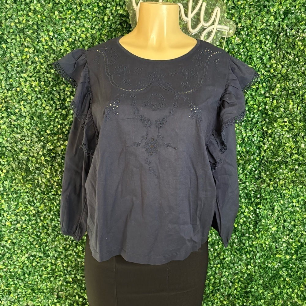 J. Crew Navy Embroidered Blouse Black Size M - Picture 4 of 8
